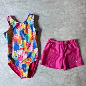 Destira Gymnastics Cats Leotard and Shorts Size CM Medium (8) Pink Blue Rainbow